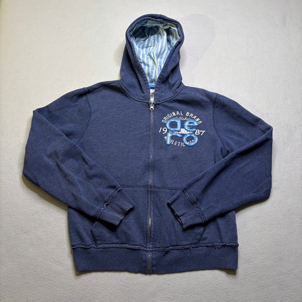 Aero Aeropostale Full Zip Hoodie XL Blue Distressed Logo Y2K Lightweight Jacket